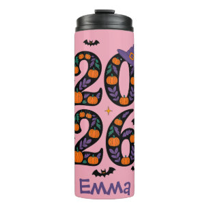 Rosa Halloween 2026 Kürbisse Hexenhut Gruselig Thermosbecher