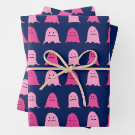 Rosa Halloween-Geister in Dark Blue Geschenkpapier Set