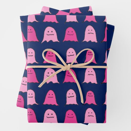 Rosa Halloween-Geister in Dark Blue Geschenkpapier Set (Beispiel)
