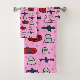 Rosa Halloween Gespenster, Fledermäuse und Kürbisl Badhandtuch Set