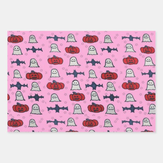 Rosa Halloween Gespenster, Fledermäuse und Kürbisl Geschenkpapier Set (Vorderseite)