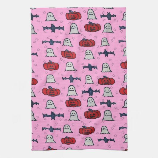 Rosa Halloween Gespenster, Fledermäuse und Kürbisl Geschirrtuch (Vertikal)