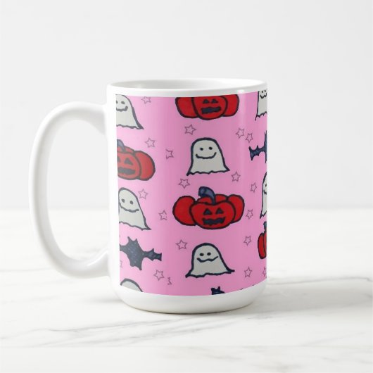 Rosa Halloween Gespenster, Fledermäuse und Kürbisl Kaffeetasse (Links)