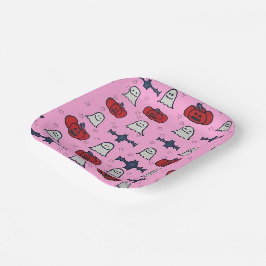 Rosa Halloween Gespenster, Fledermäuse und Kürbisl Pappteller (Gewinkelt)