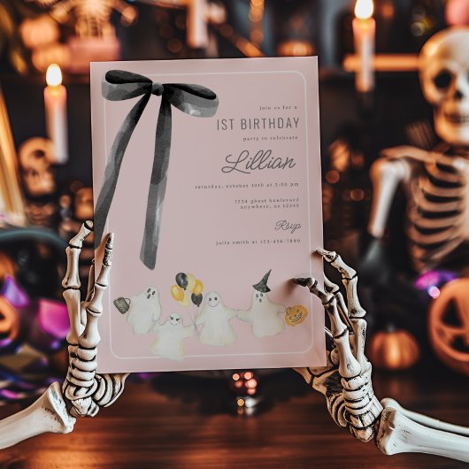 Rosa Halloween Ghost und Black Bow Geburtstag Einladung