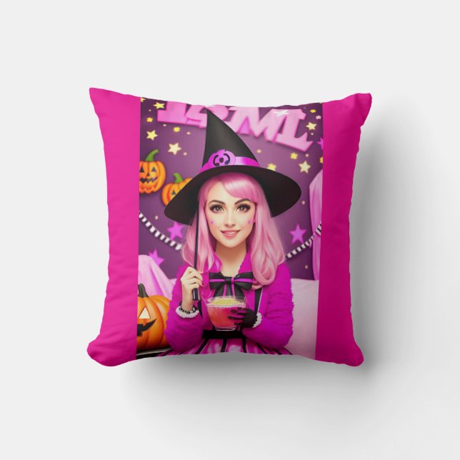 Rosa Halloween-Hexe Kissen (Vorderseite)