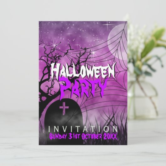 Rosa Halloween Moon+Spider Web-Einladung Einladung (Stehend Vorderseite)