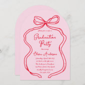 Rosa Hand Drawn Bow & Script Graduation Party Einladung (Vorne/Hinten)