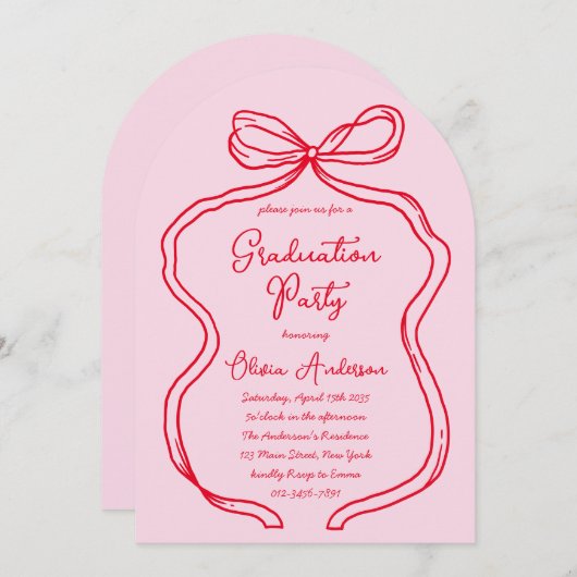 Rosa Hand Drawn Bow & Script Graduation Party Einladung (Vorne/Hinten)