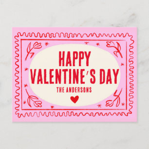 Rosa Hand drucken Retro Happy Valentinstag Postkarte