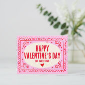 Rosa Hand drucken Retro Happy Valentinstag Postkarte (Stehend Vorderseite)