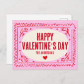 Rosa Hand drucken Retro Happy Valentinstag Postkarte (Vorne/Hinten)