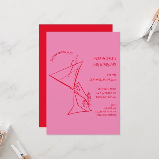 Rosa, Hand gezeichnet, 50. Geburtstagsfeier Einladung (Vorderseite/Rückseite Beispiel)