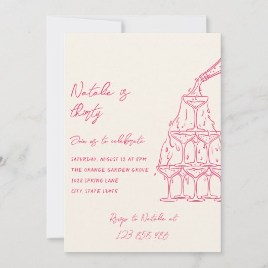 Rosa Hand gezeichneter Champagnerturm 30 Geburtsta Einladung (Vorderseite)