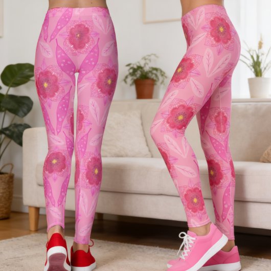 Rosa handgemalte Floral Leggings