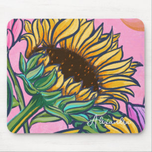 Rosa handgemalte gelbe Sonnenblume Mousepad