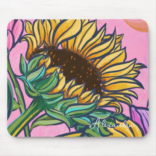 Rosa handgemalte gelbe Sonnenblume Mousepad (Vorne)
