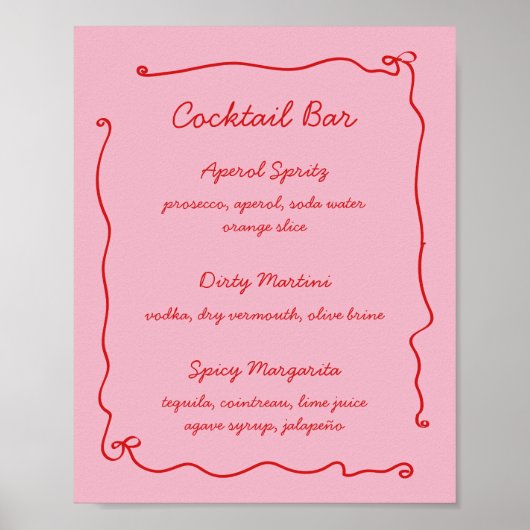 Rosa handgeschriebenes Brautparty Cocktail-Bar Poster (Vorne)