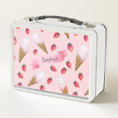 Rosa handGezeichnet Erdbeereis Creme Whimsical Metall Brotdose (Rückseite)