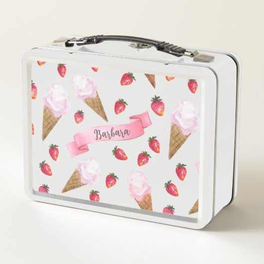 Rosa handGezeichnet Erdbeereis Creme Whimsical Metall Brotdose (Rückseite)