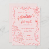 Rosa Handgezeichnete Galentine's Girls Night Party Einladung (Vorne/Hinten)