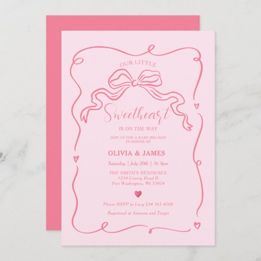 Rosa Handgezeichnete kleine Süße auf dem Weg Einladung (Vorne/Hinten)