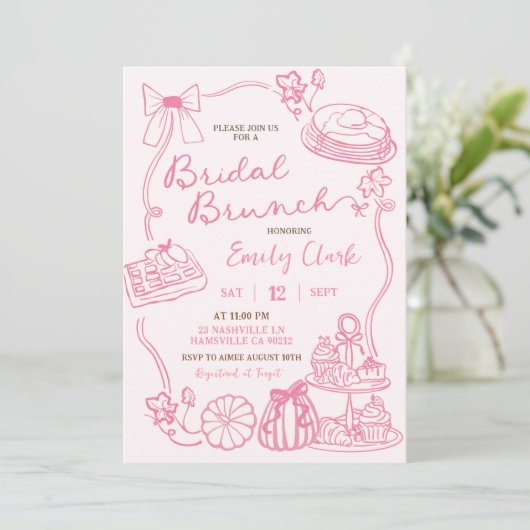 Rosa Handgezeichnetes Bridal Brunch Party Einladung (Stehend Vorderseite)