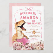 Rosa handgezogener Dinosaurier Drei-rex Blumengebu Einladung (Vorne/Hinten)