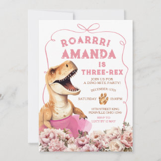Rosa handgezogener Dinosaurier Drei-rex Blumengebu Einladung