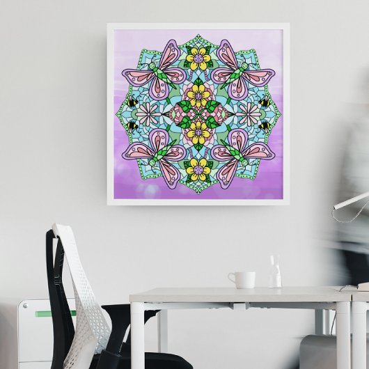Rosa Handgezogener Schmetterling, Blume Mandala Poster