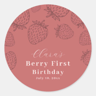 Rosa Handrawing Strawberry Erster Geburtstag Runder Aufkleber