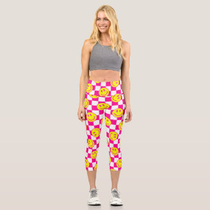 Rosa-Happy-Gesicht Karo Groovy Capri Leggings
