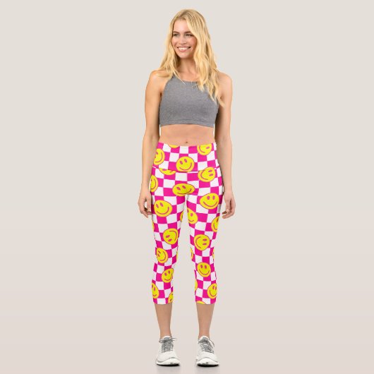 Rosa-Happy-Gesicht Karo Groovy Capri Leggings (Vorderseite)