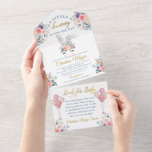 Rosa Hase Floral Baby Shower Bücher für Baby All In One Einladung