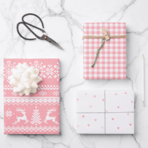 Rosa hässlicher Weihnachtssüßer Büffel karierte He Geschenkpapier Set
