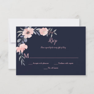 Rosa Hauch Blumen-Drop - Navy - Hochzeit   RSVP Karte