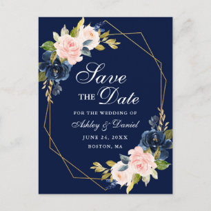 Rosa Hauch Blumen Gold Rahmen Blau Save the Date Ankündigungspostkarte