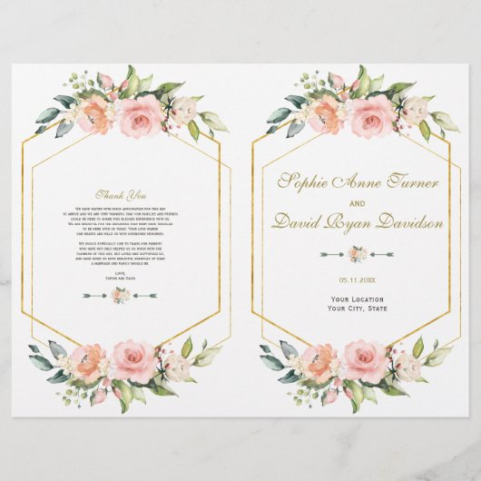 Rosa Hauch-Blumen Goldrahmen Hochzeitsprogramm (Vorne)