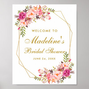 Rosa Hauch Florale Hochzeits-Party Gold Willkommen Poster