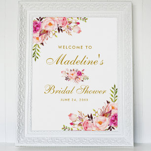 Rosa Hauch Gold Blumen Hochzeitsdusche Willkommen Poster