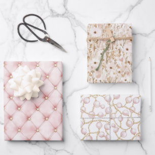 Rosa Hauch Goldene Büschel Brautparty Geschenkpapier Set