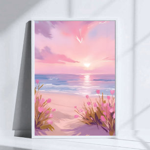 Rosa Hauch Strand Sonnenuntergang Pastell Wasserfa Poster