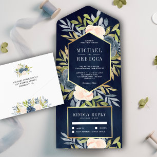 Rosa Hauch und Staubiges Marineblau Florale Hochze All In One Einladung