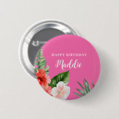 Rosa hawaiianische Blumen-Geburtstag  Button (Vorne & Hinten)