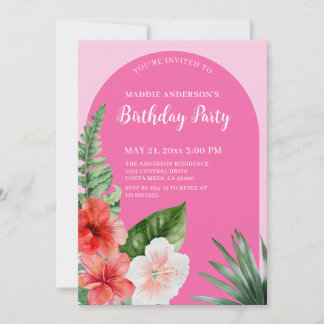 Rosa hawaiianische Blumen-Geburtstag  Einladung