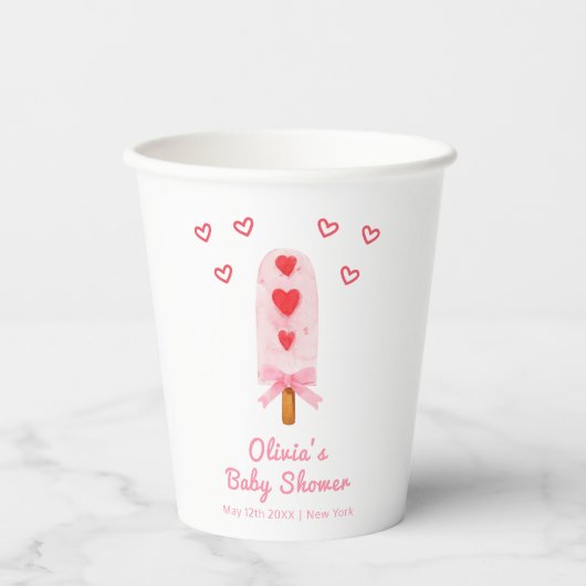 Rosa Heart Bow Ice Creme bereit für Pop Babydusche Pappbecher (Vorderseite)