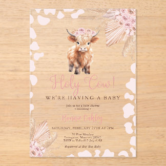 Rosa Heilige Kuh Boho Trockenblumen Baby Shower Acryleinladungen