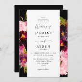 Rosa heiß & rot Rosa & Lila Hochzeit V3- Schwarz Einladung (Vorne/Hinten)