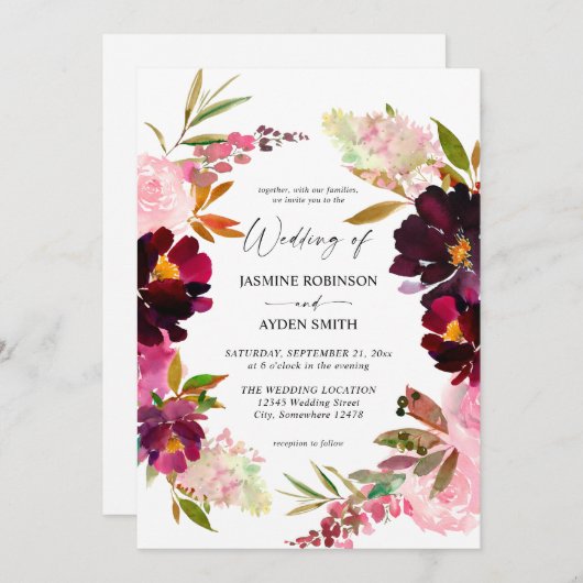 Rosa heiß & rot Rosa und Lila Hochzeitseinladung Einladung (Vorne/Hinten)