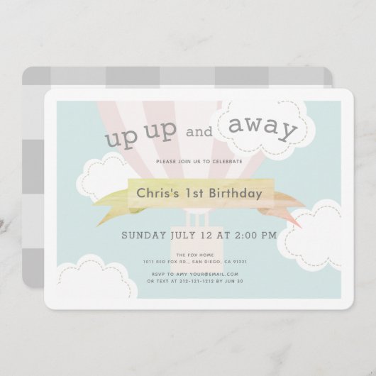 Rosa Heißluftballon Auf und Ab 1. Geburtstag Einladung (Vorne/Hinten)